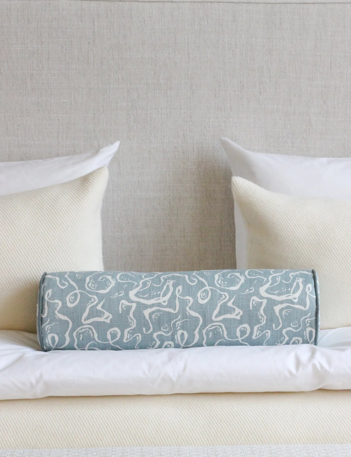 Bolster cushion in “Karin’s Dress Fabric – Dove Blue” (Cathy Nordström)